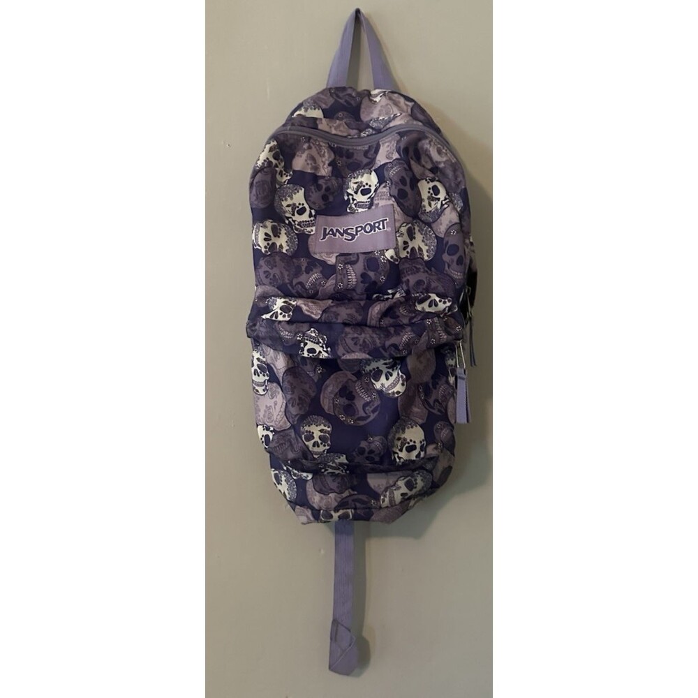 JanSport Backpack Purple Blue Skulls SuperBreak School Discontinued Pattern Y2K